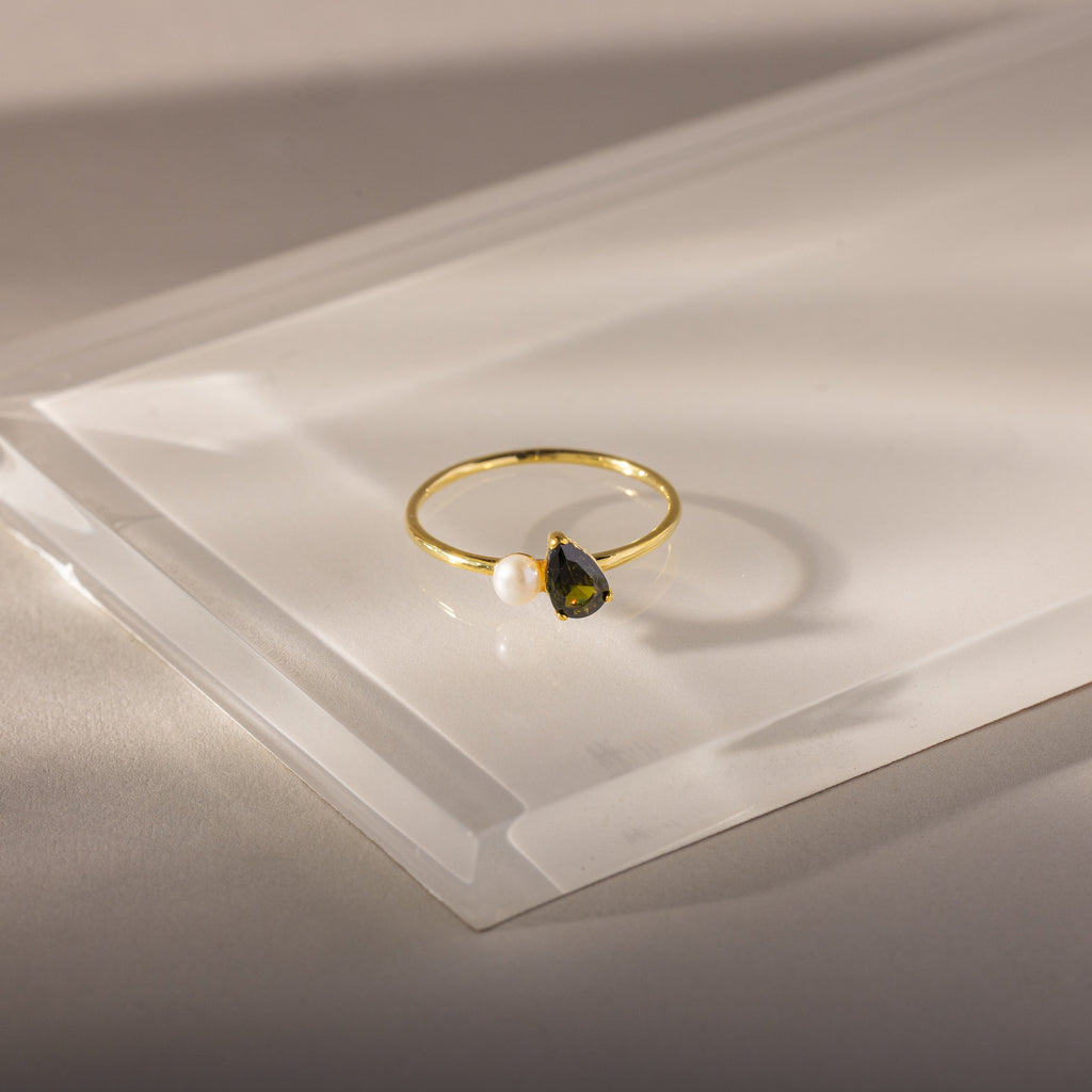 Teardrop Birthstone & Pearl Ring
