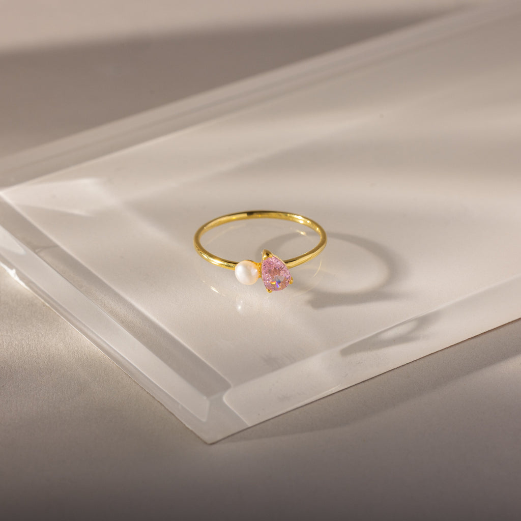Teardrop Birthstone & Pearl Ring