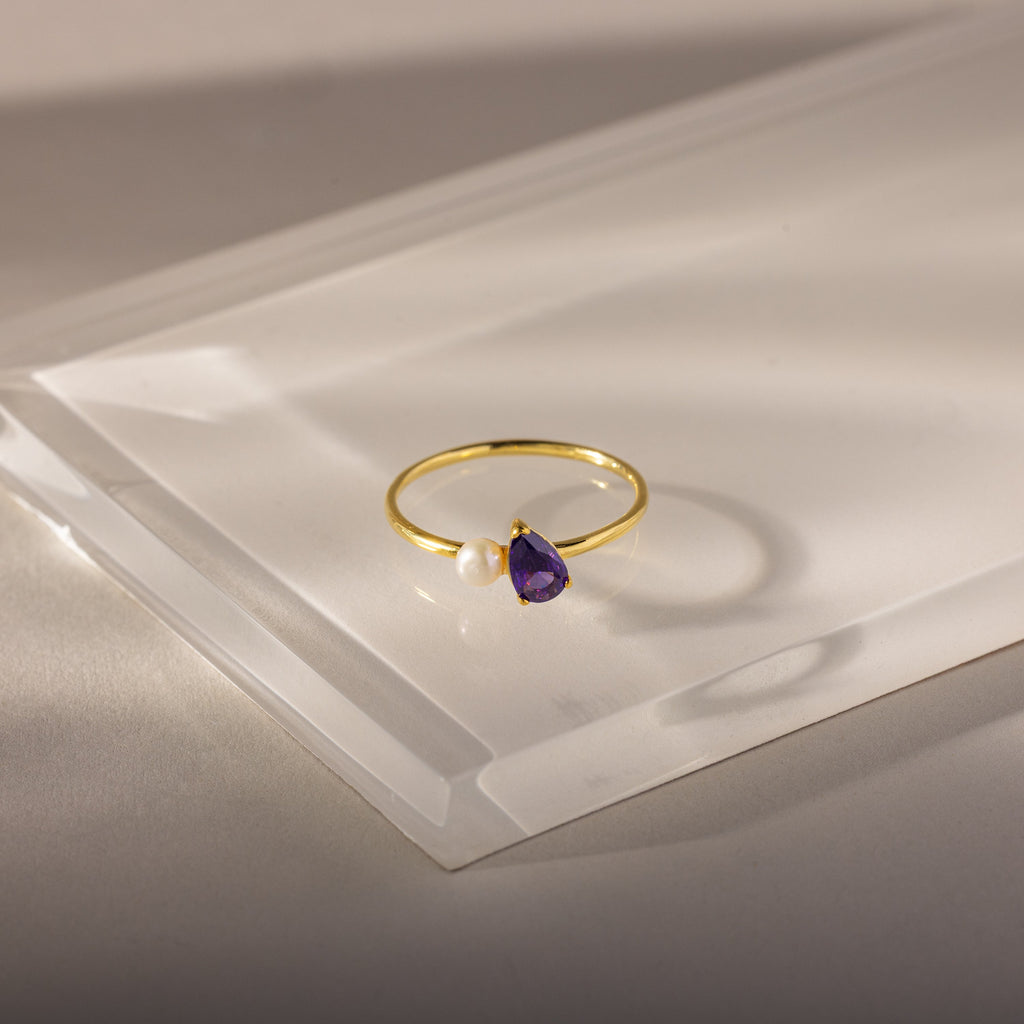 Teardrop Birthstone & Pearl Ring