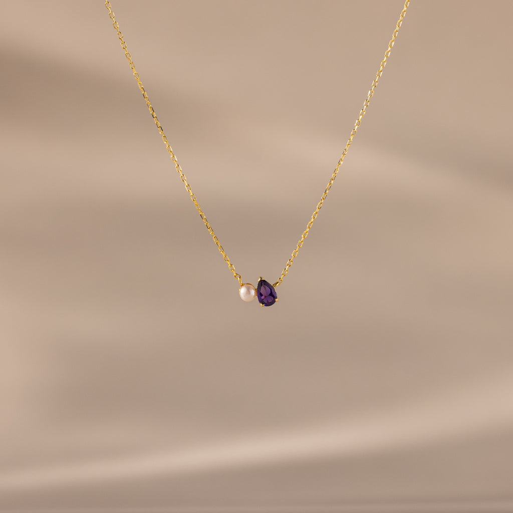 Teardrop Birthstone & Pearl Necklace