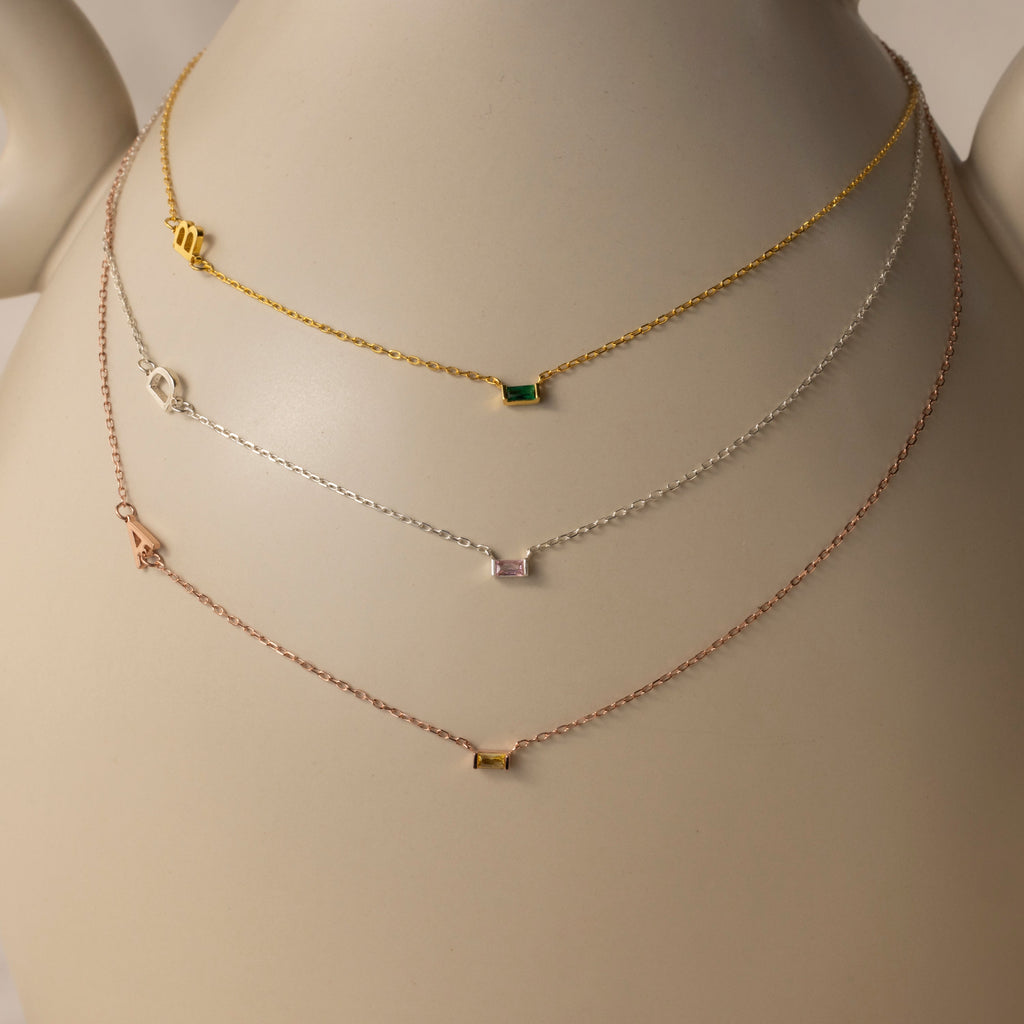 Initial Baguette Birthstone Necklace