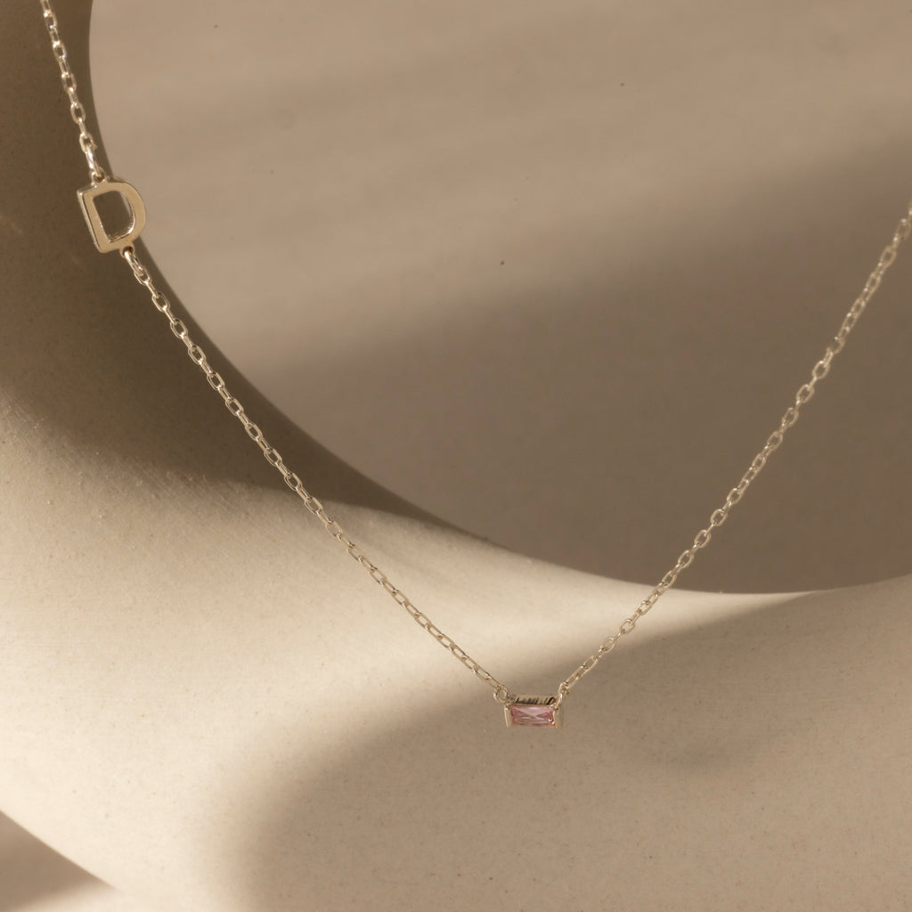 Initial Baguette Birthstone Necklace