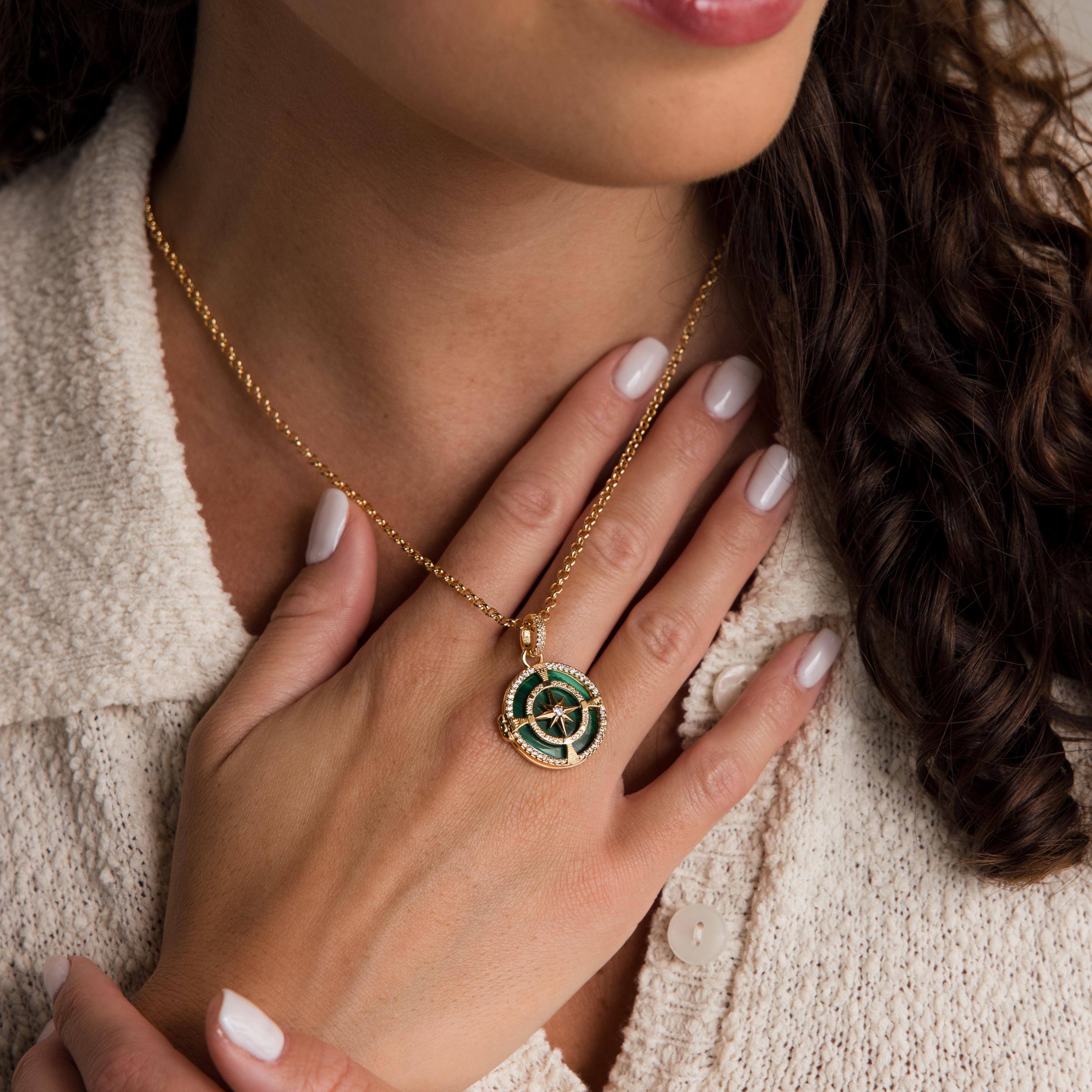 Malachite Compass Locket Necklace