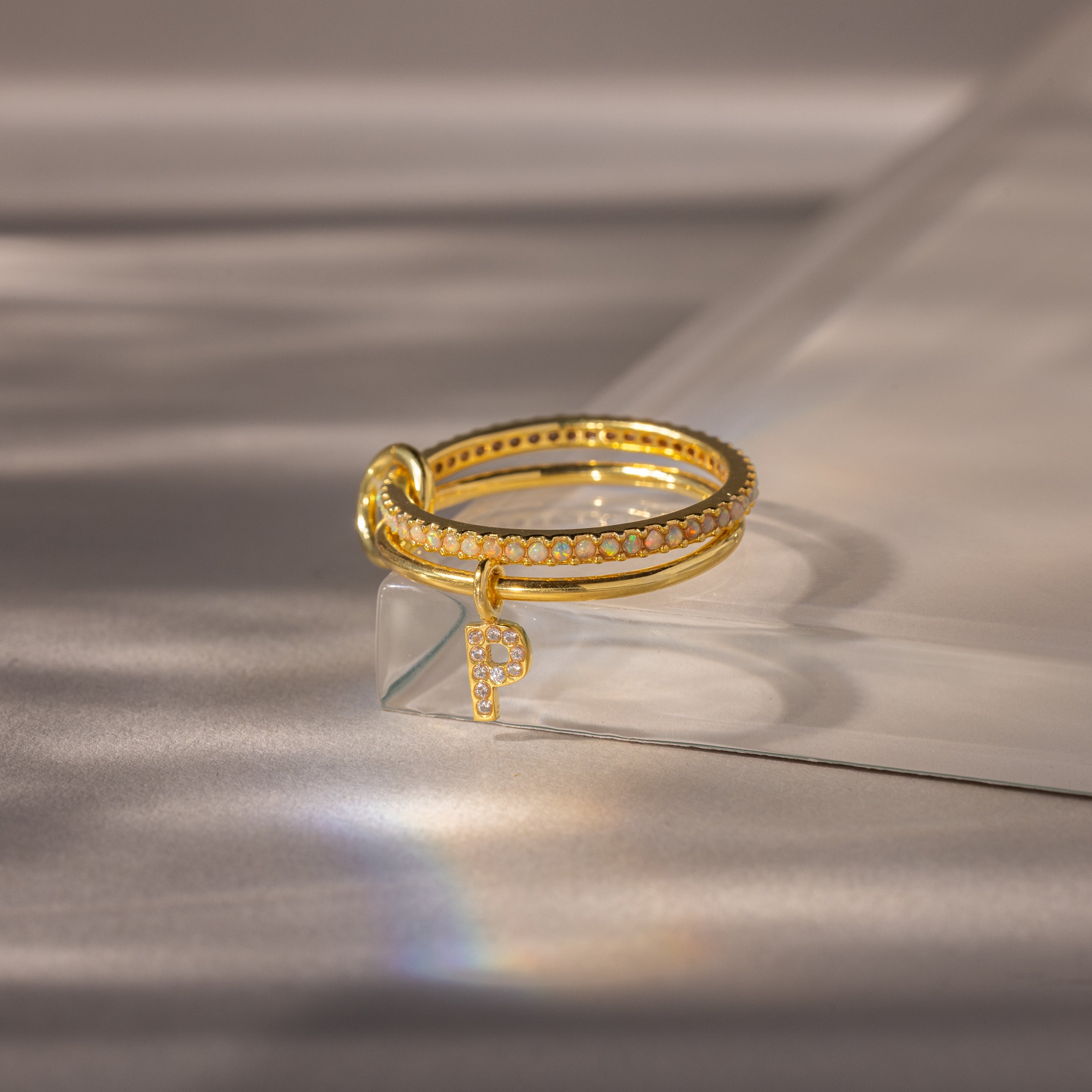 Linked Initial Birthstone Ring Set