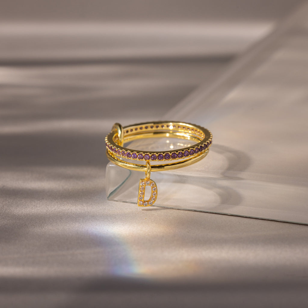 Linked Initial Birthstone Ring Set