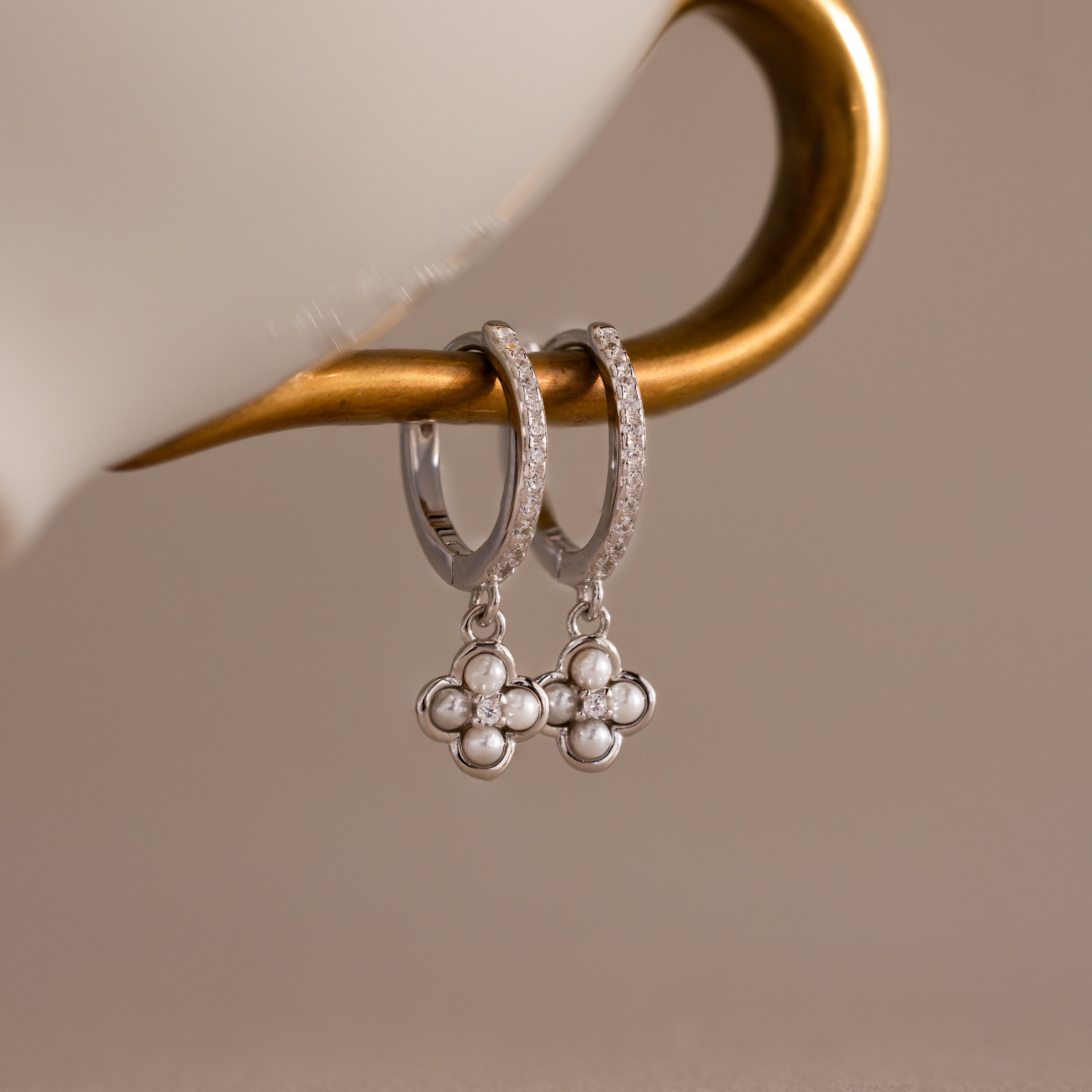 Pave Rounded Pearl Flower Hoops