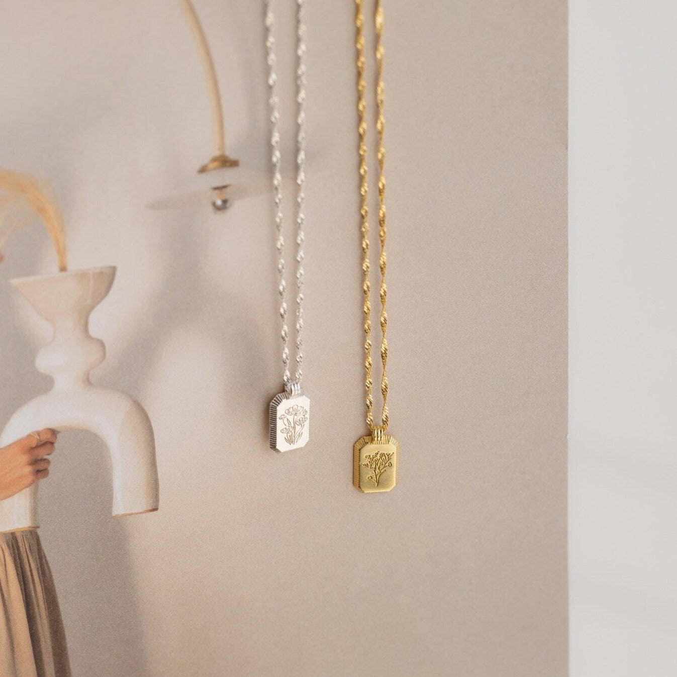 Ribbed Birth Flower Tag Necklace