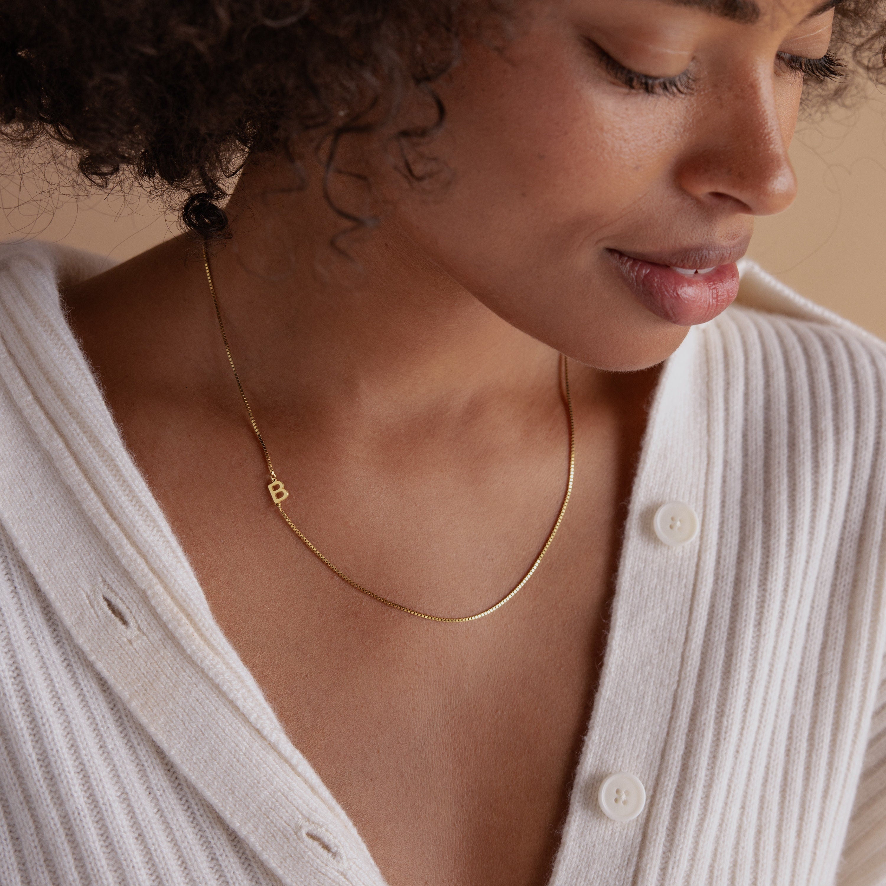 Sideways Initial Necklace in Box Chain