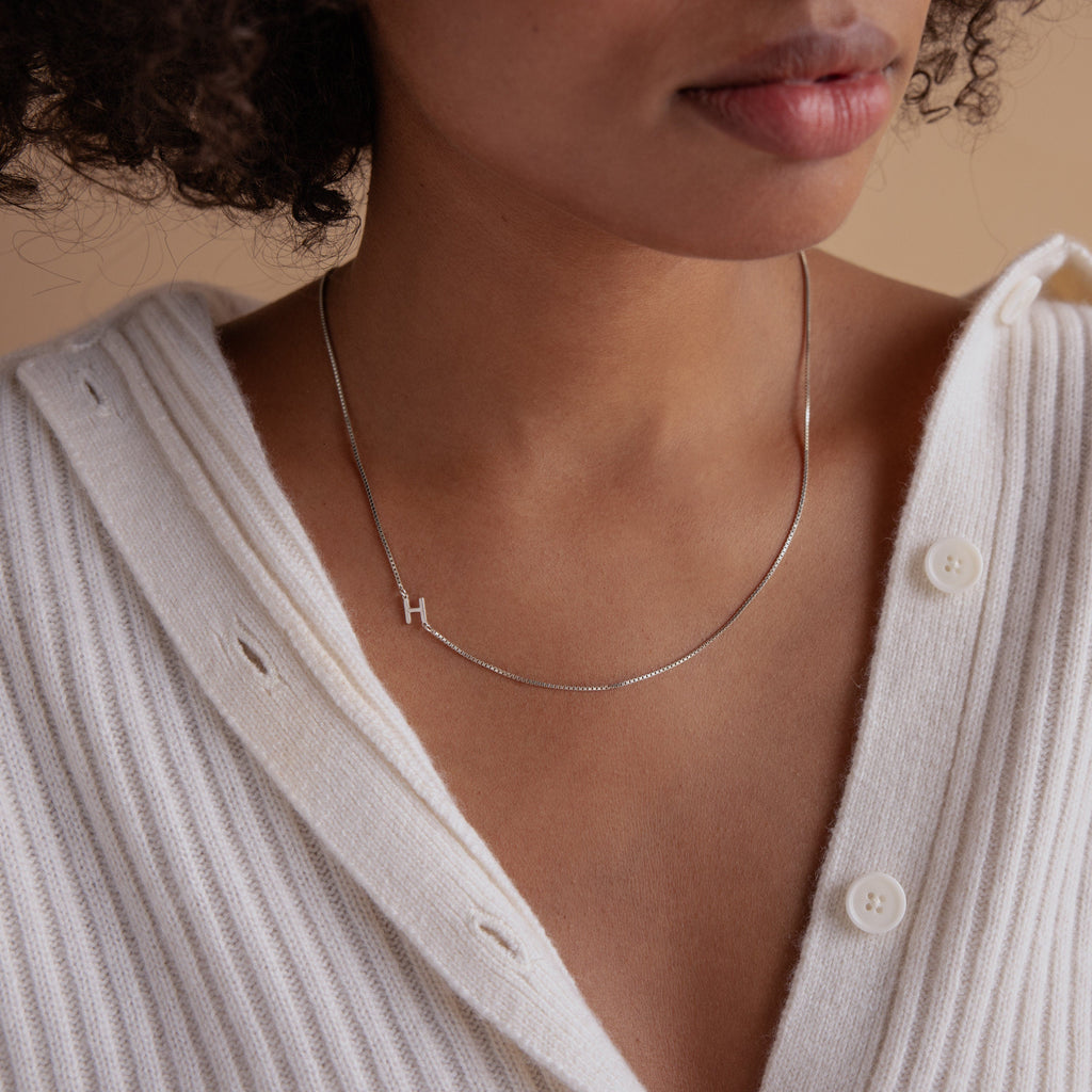 Sideways Initial Necklace in Box Chain