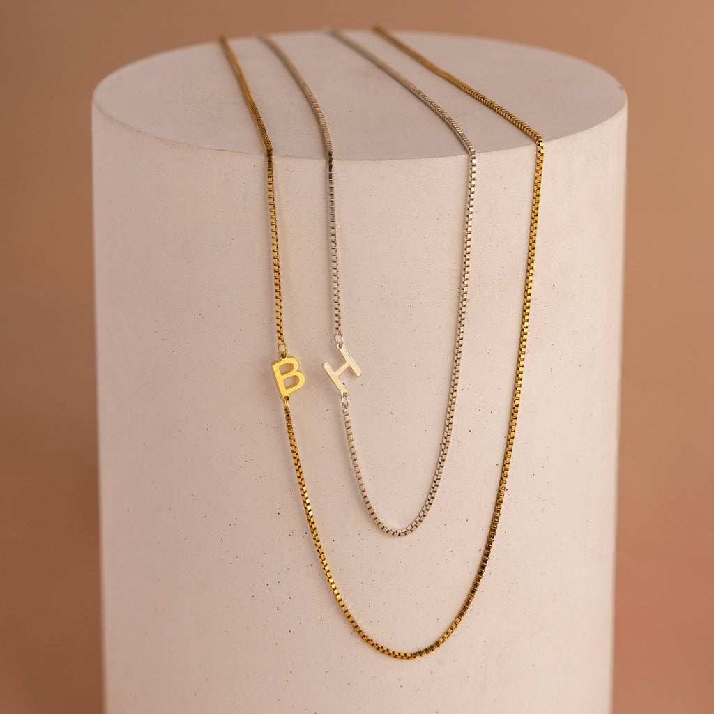 Sideways Initial Necklace in Box Chain