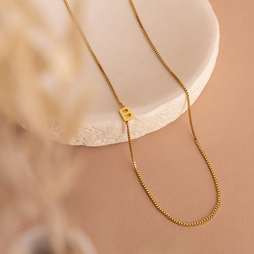 Sideways Initial Necklace in Box Chain