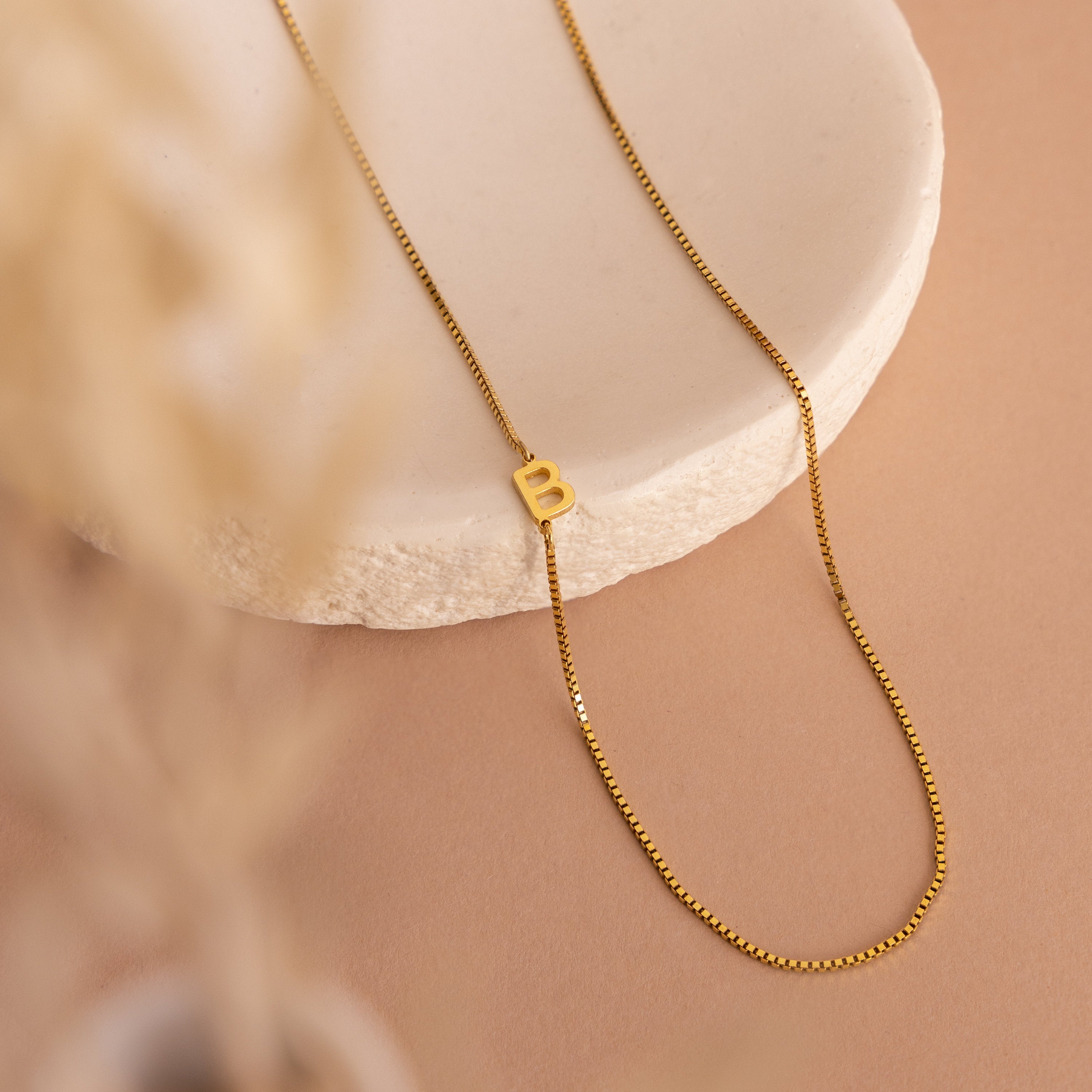Sideways Initial Necklace in Box Chain