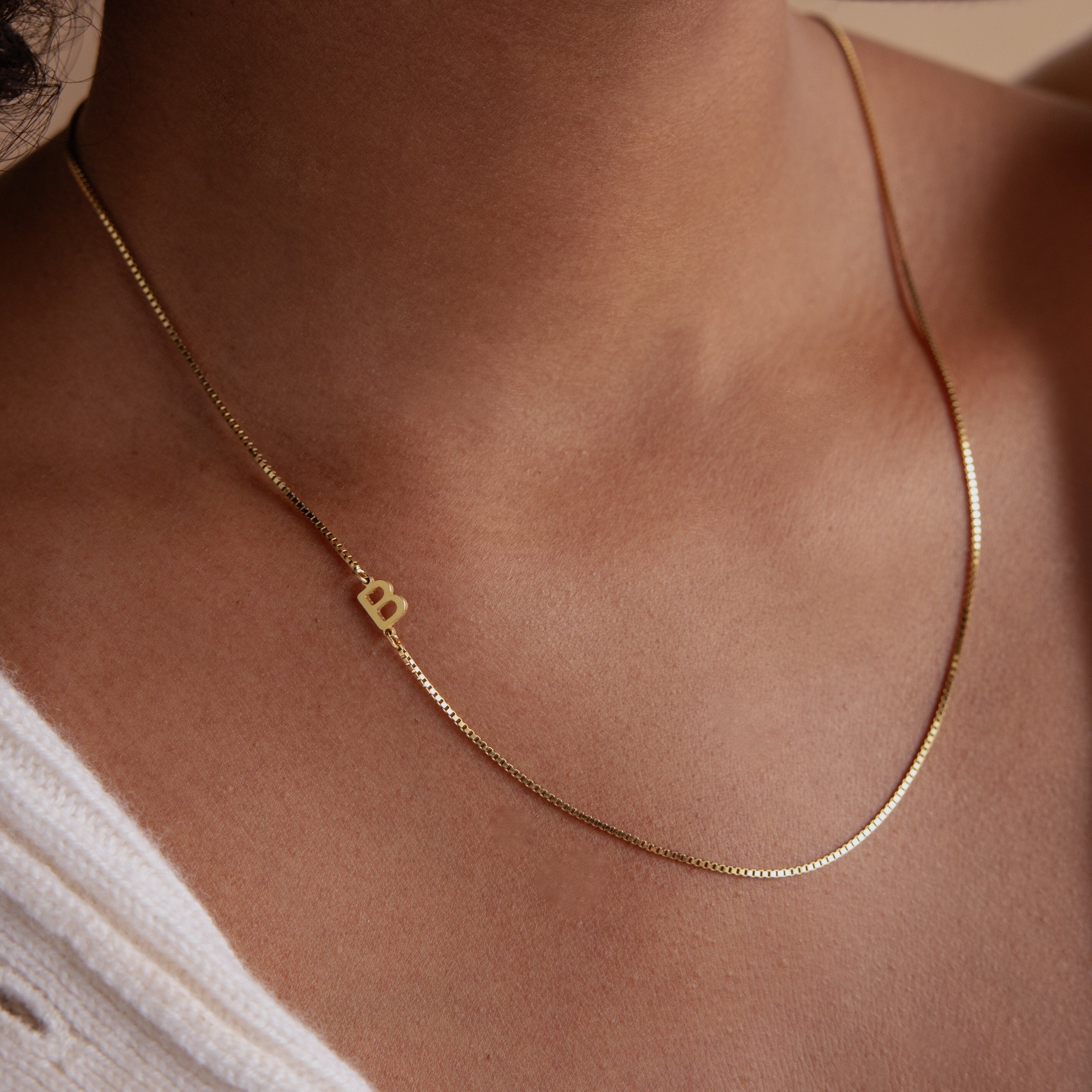 Sideways Initial Necklace in Box Chain