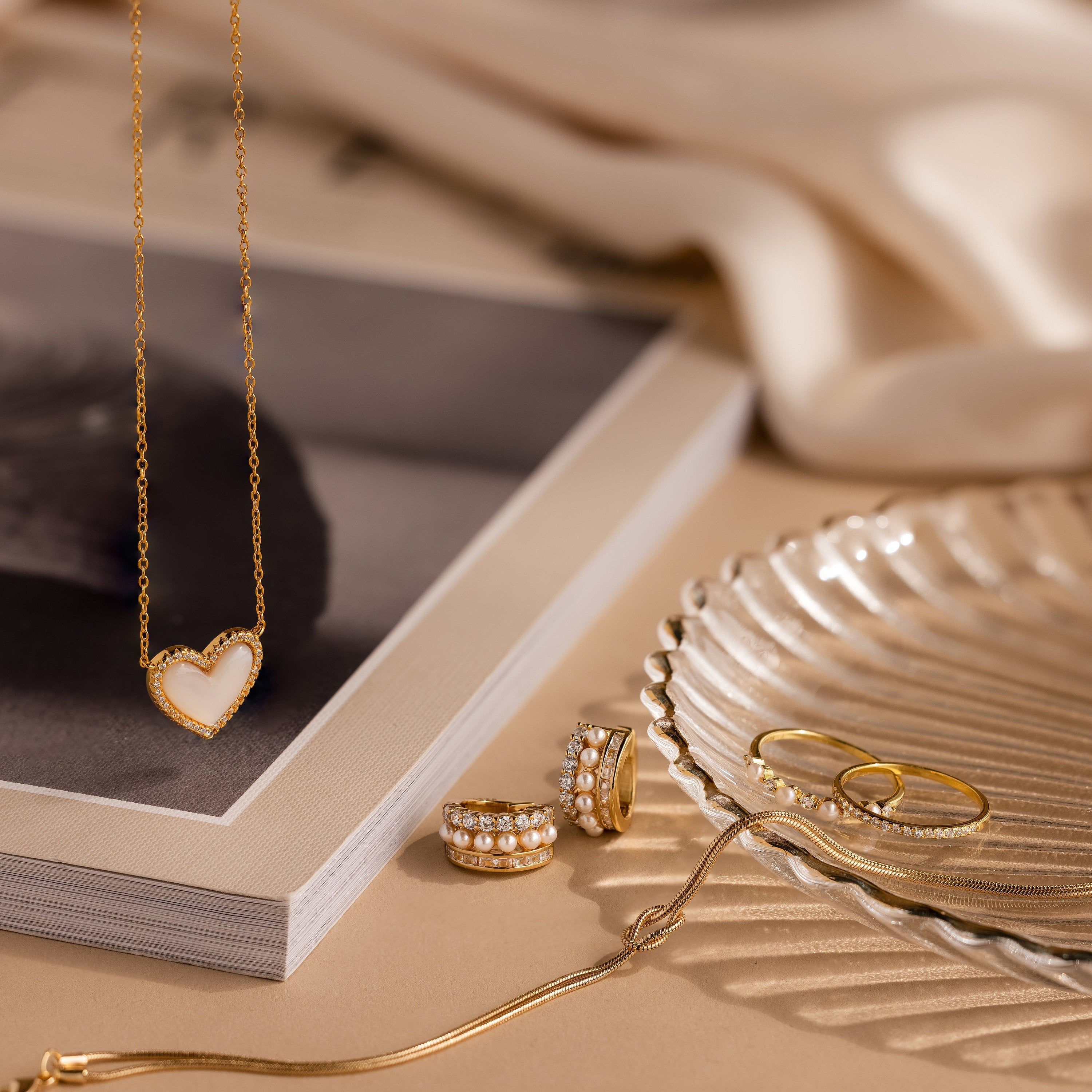 Pave Mother of Pearl Heart Necklace