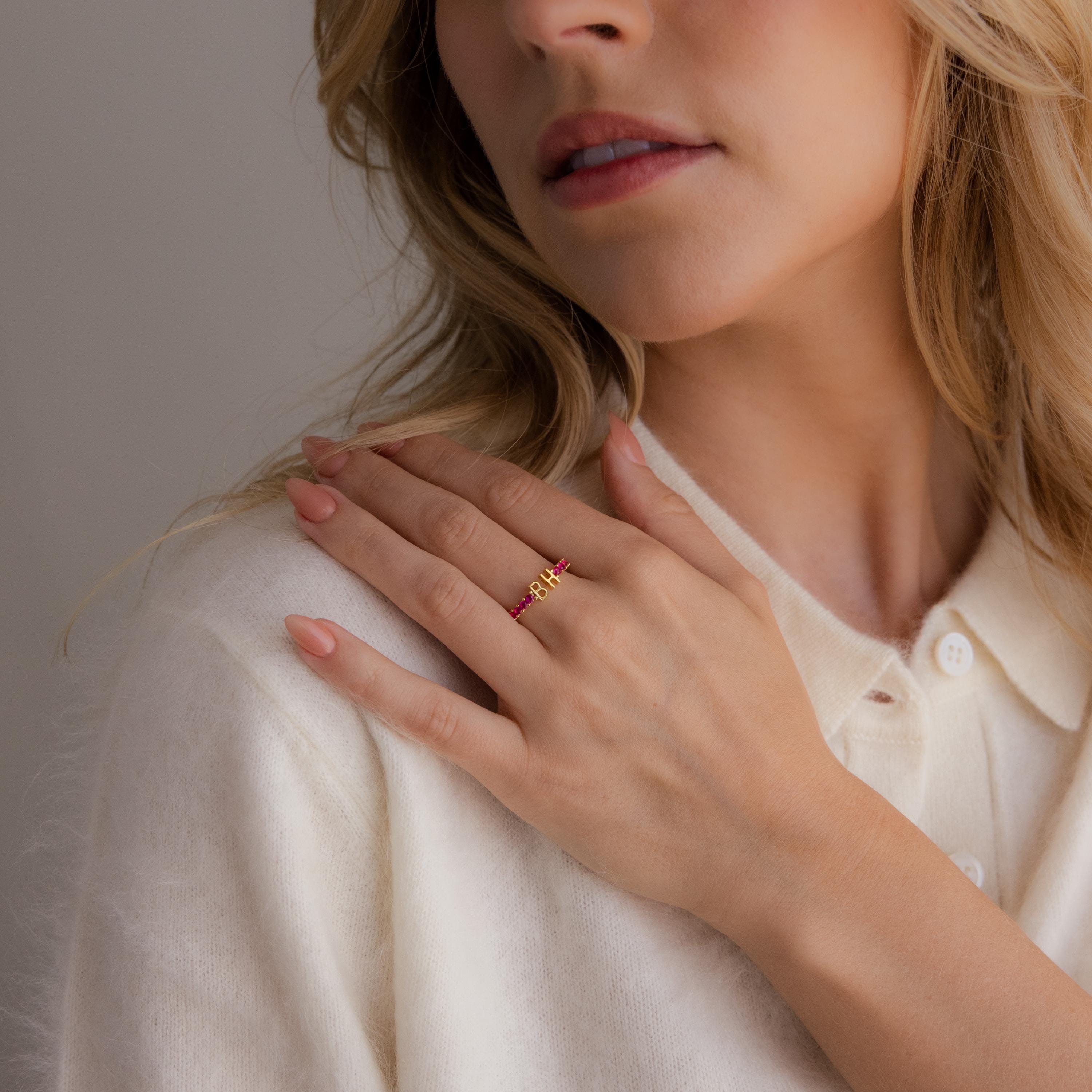 Duo Initial Birthstone Tennis Ring