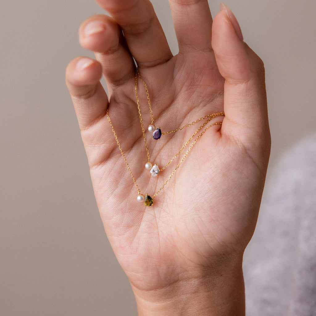 Teardrop Birthstone & Pearl Necklace