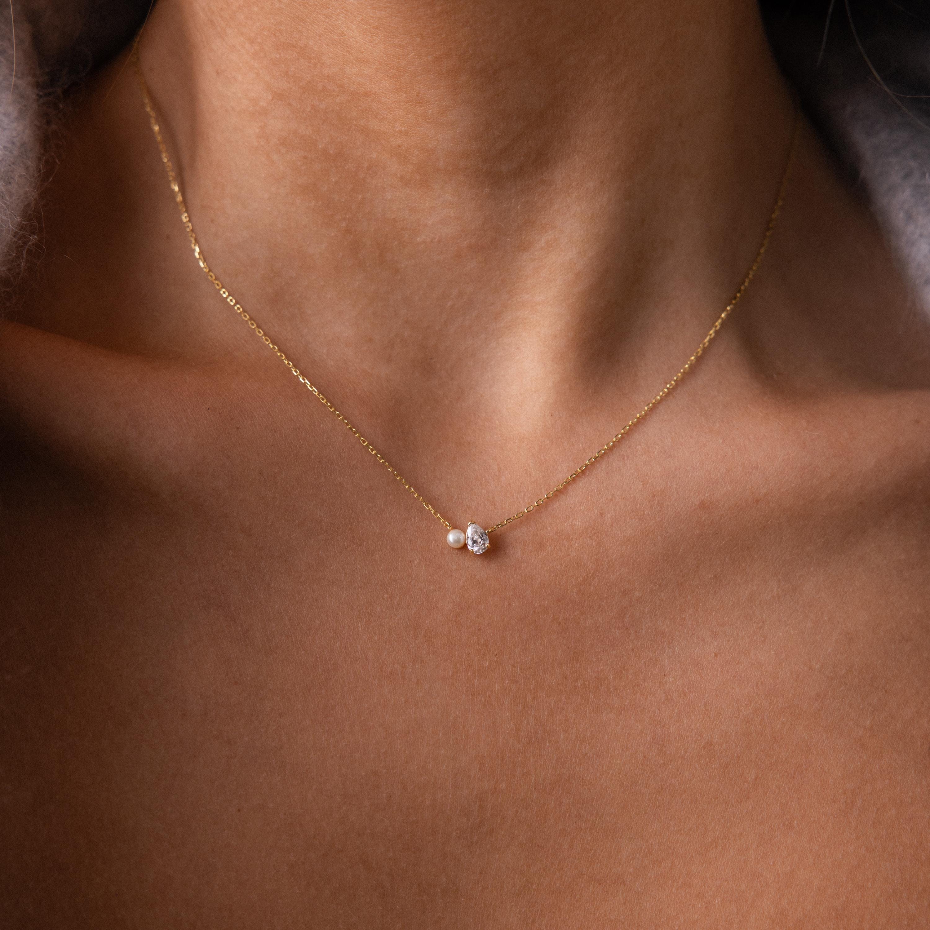 Teardrop Birthstone & Pearl Necklace