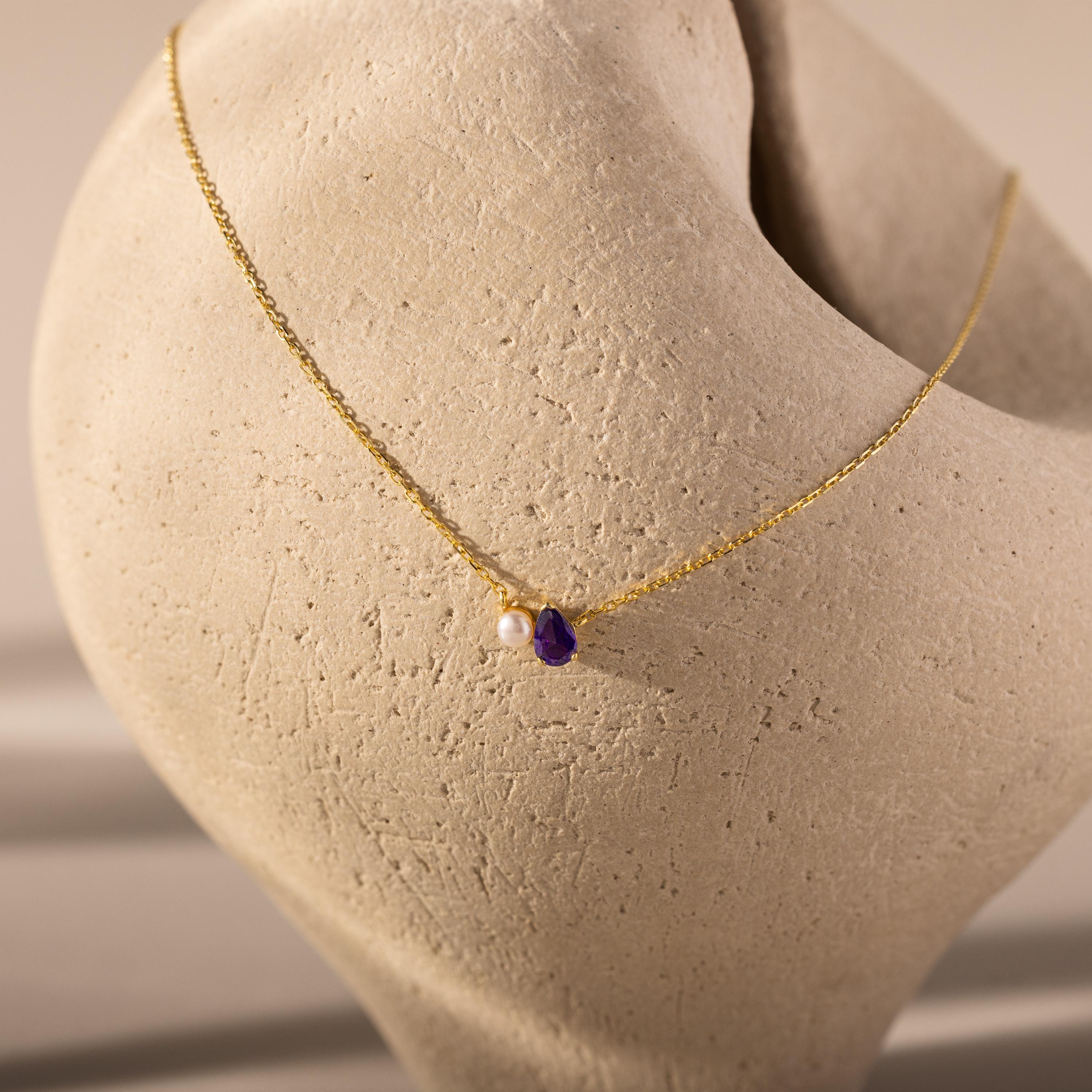 Teardrop Birthstone & Pearl Necklace