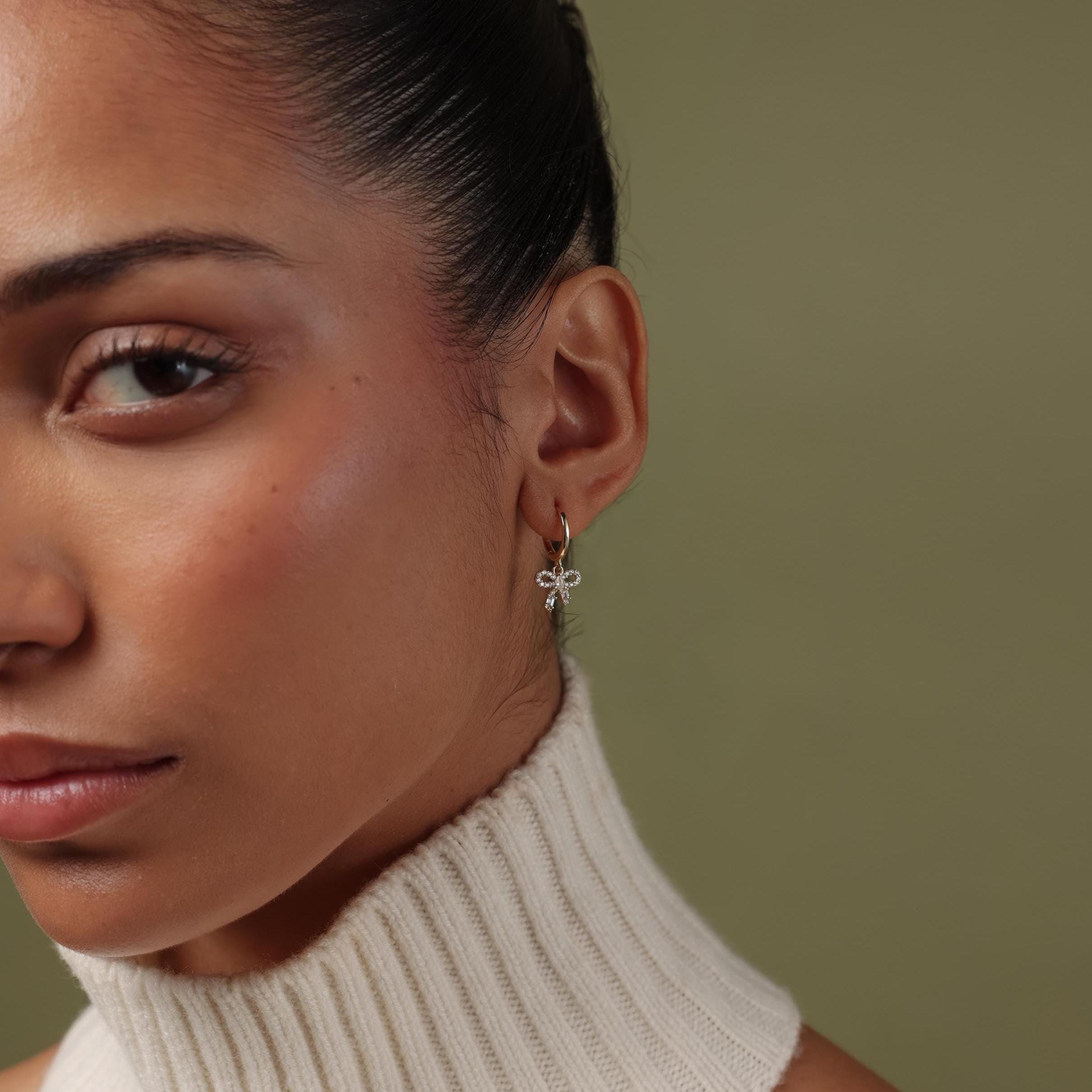 Pave Bow Charm Hoops