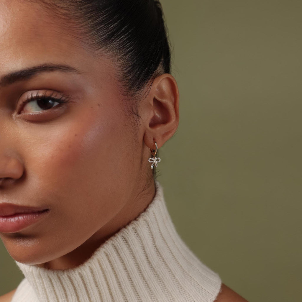 Pave Bow Charm Hoops