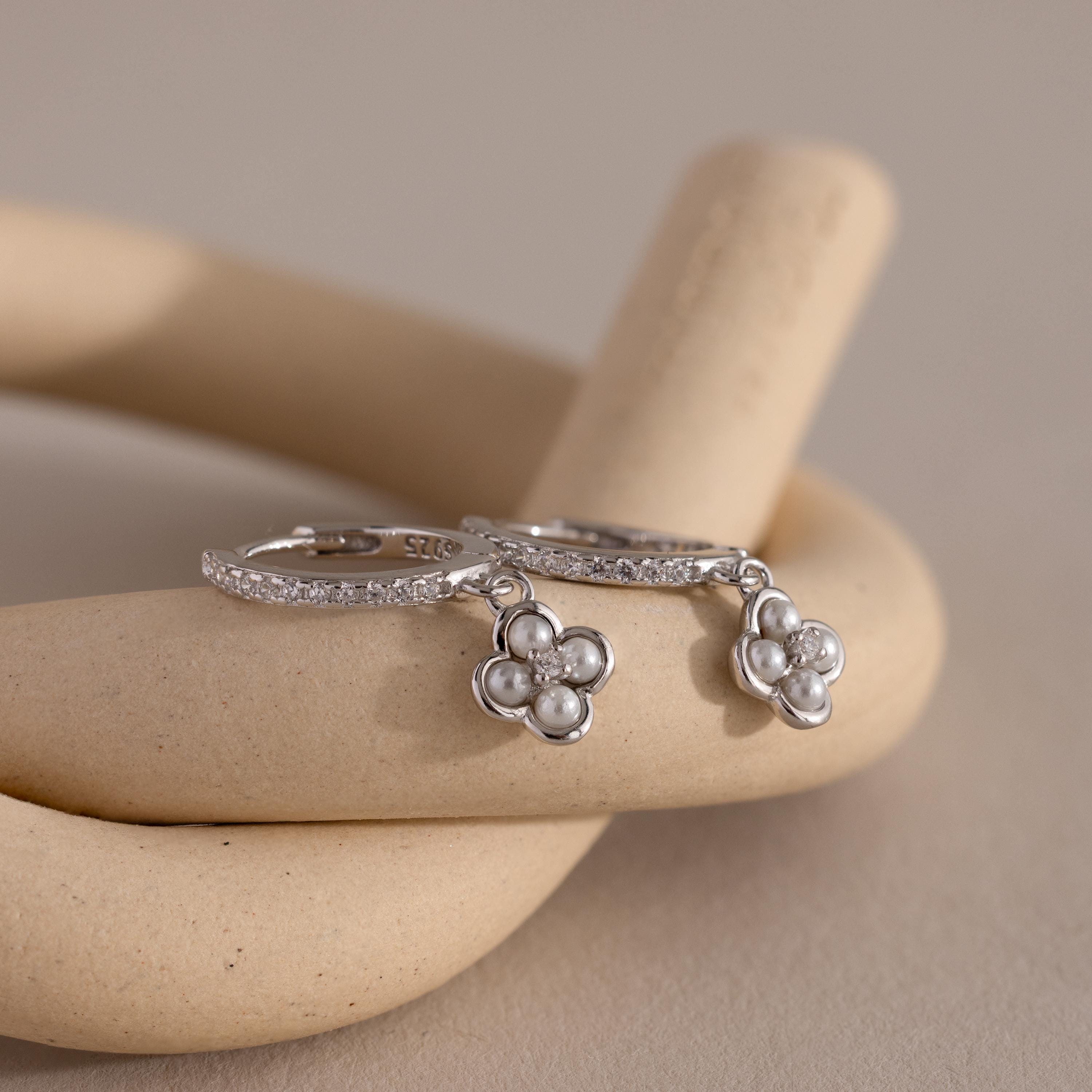 Pave Rounded Pearl Flower Hoops