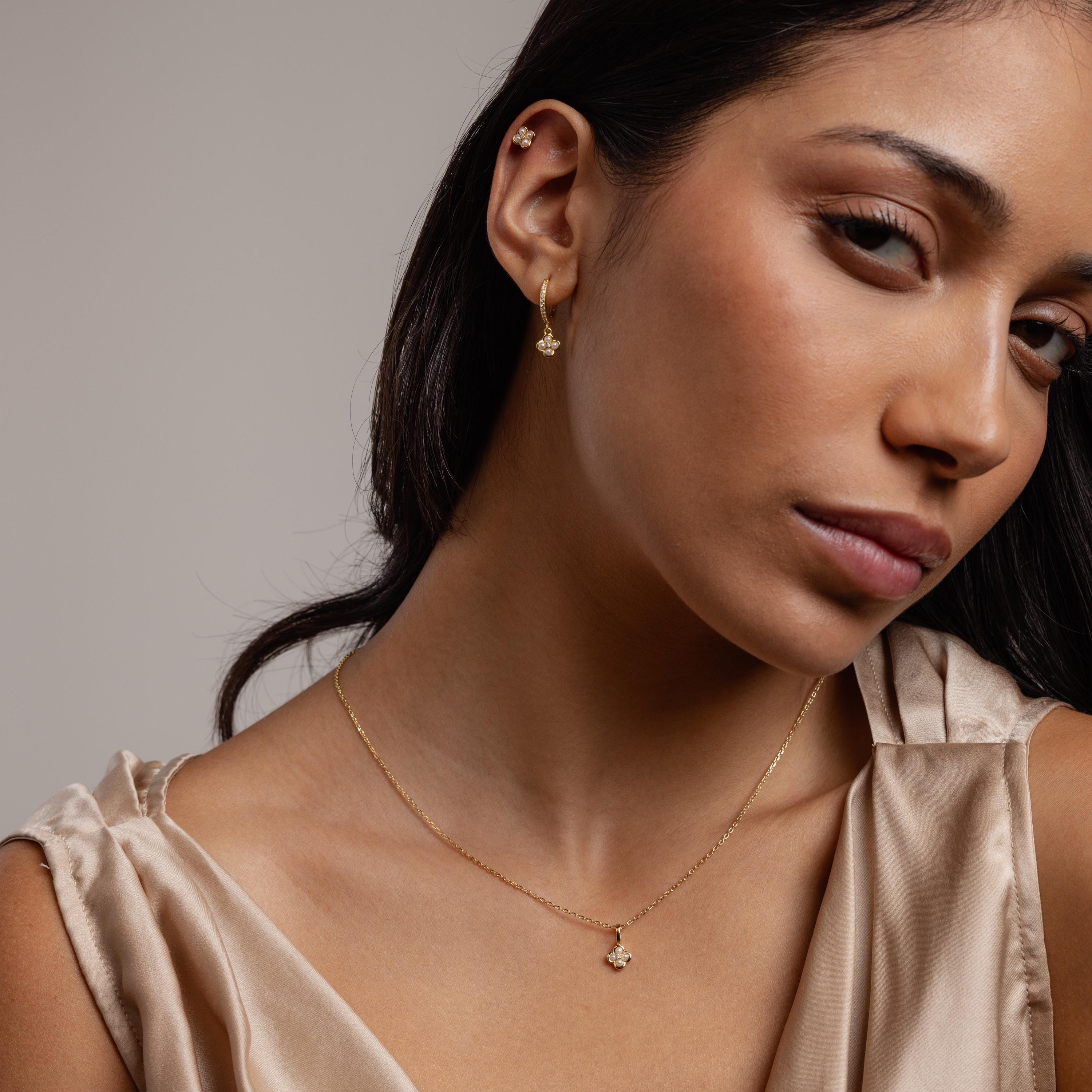 Pave Rounded Pearl Flower Hoops
