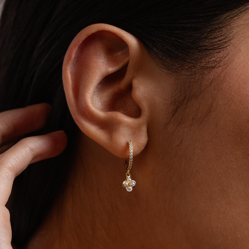 Pave Rounded Pearl Flower Hoops