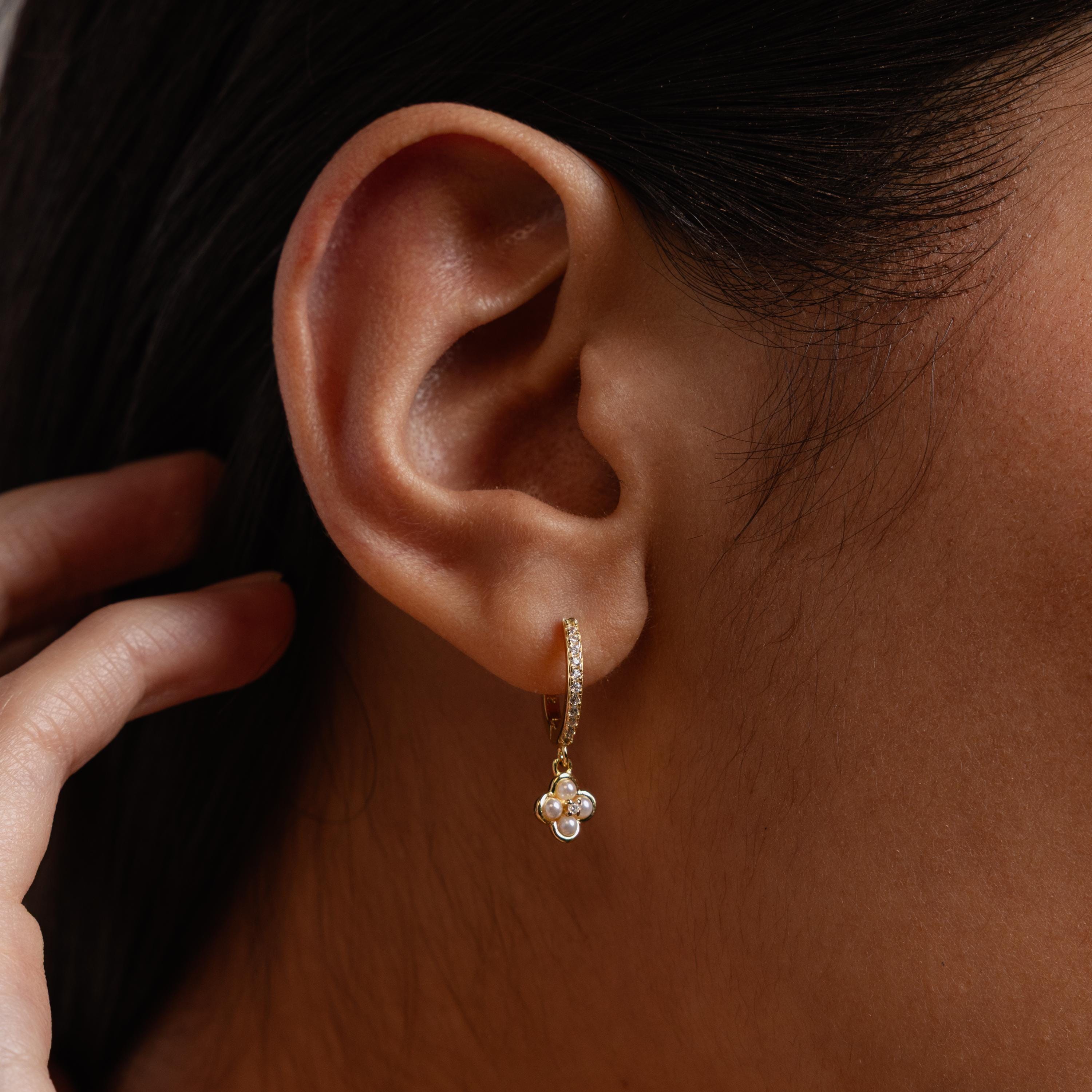 Pave Rounded Pearl Flower Hoops