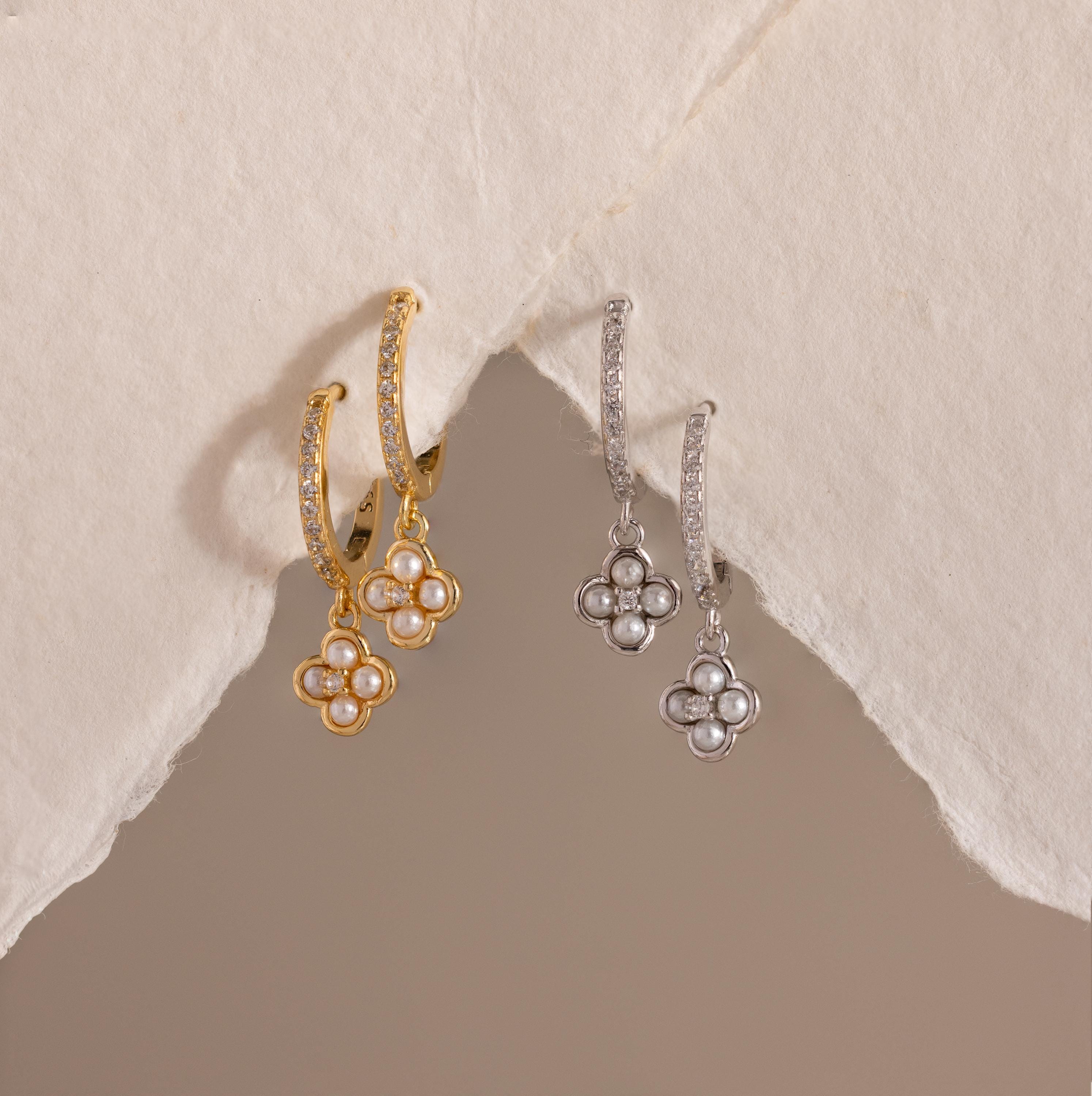 Pave Rounded Pearl Flower Hoops