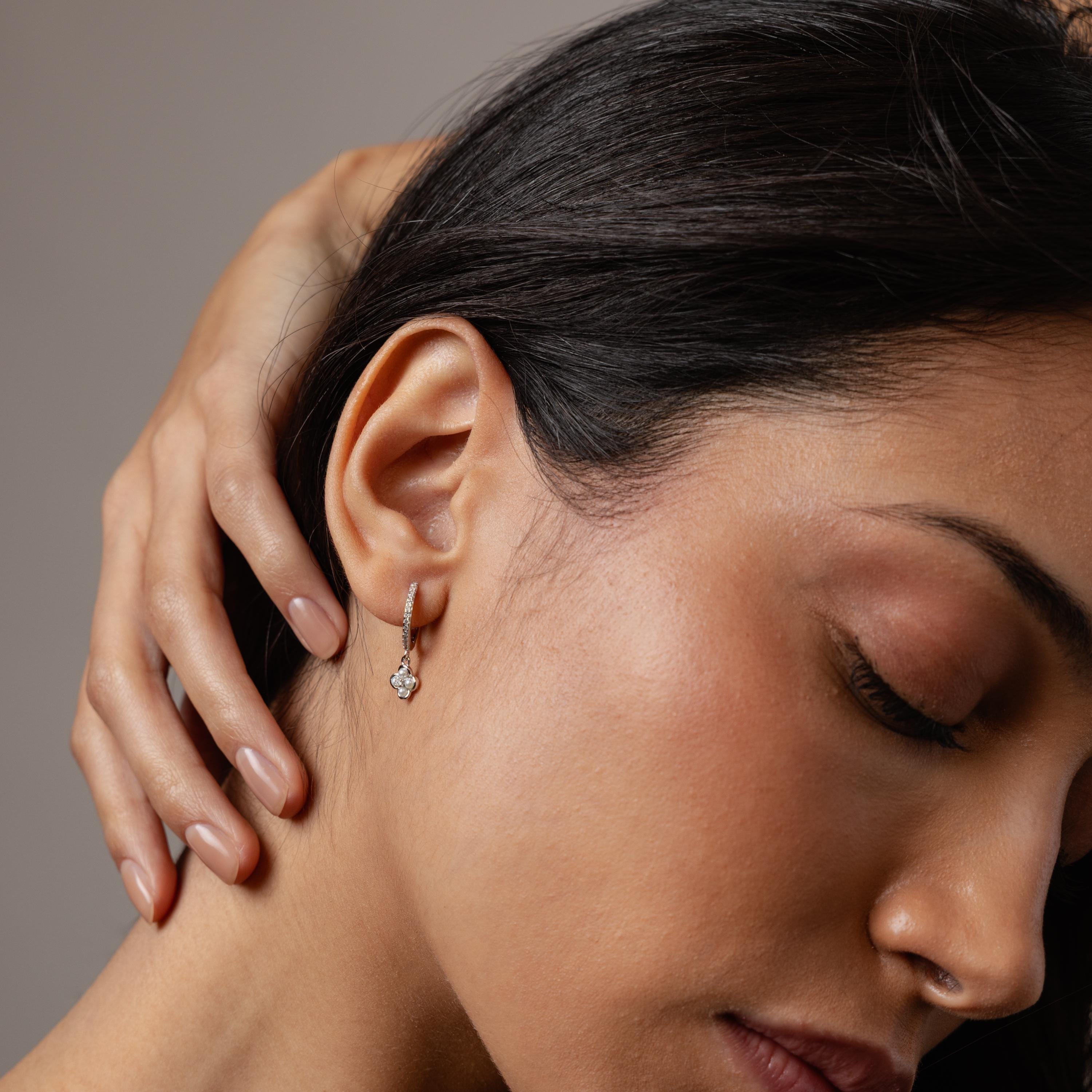 Pave Rounded Pearl Flower Hoops