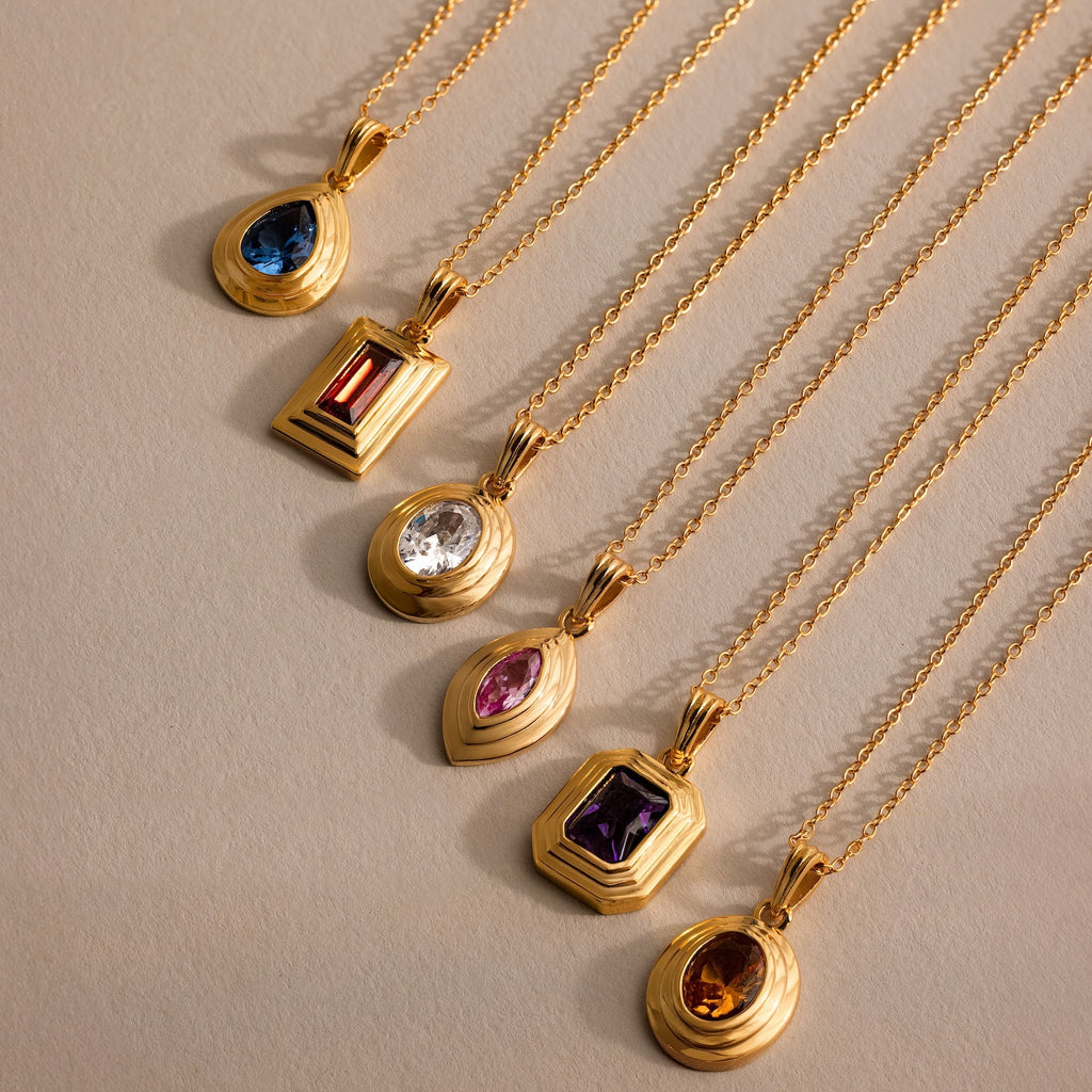 Ribbed Birthstone Pendant Necklace